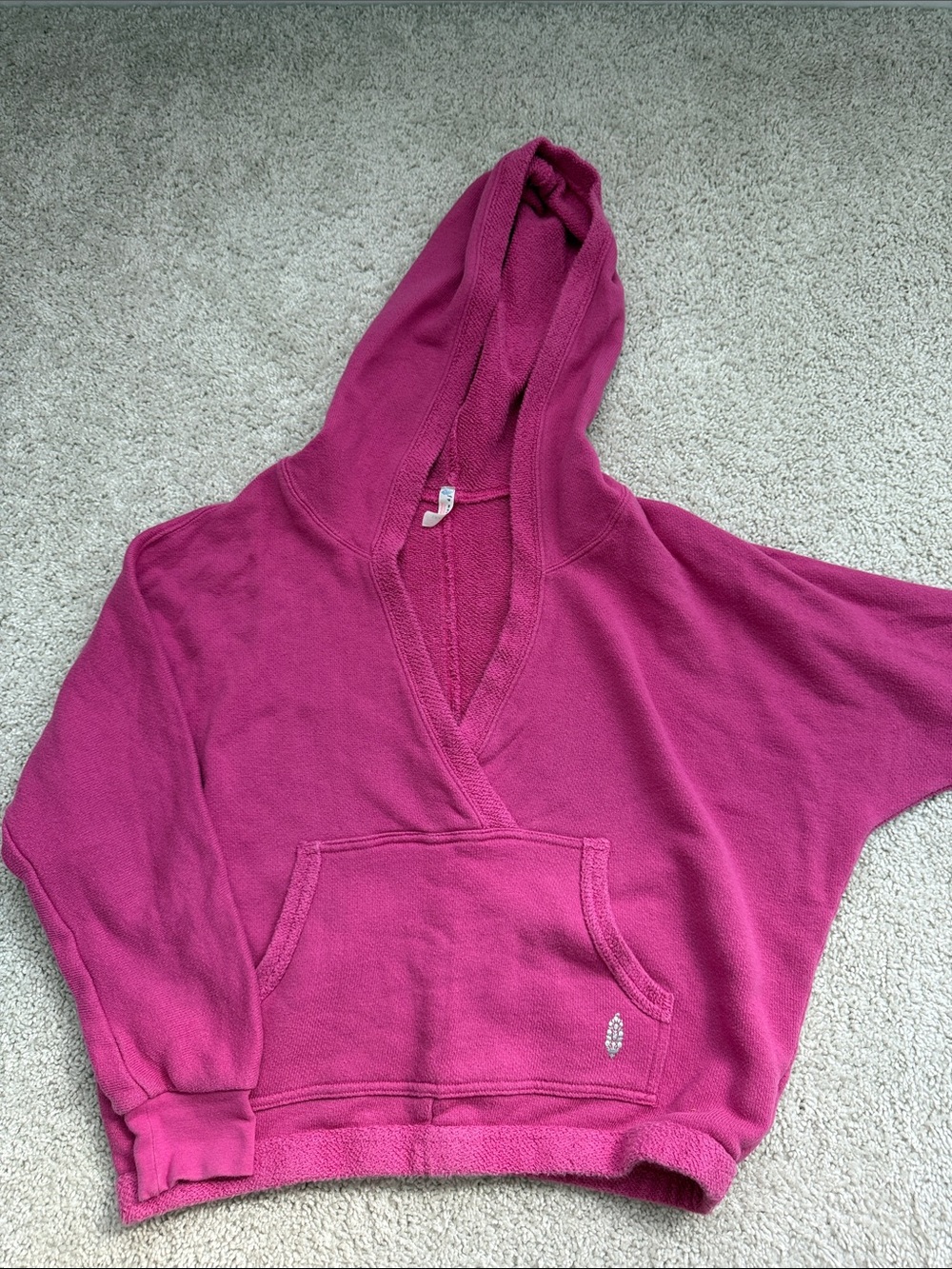 Free People Hooded V-Neck Pullover Sweater - Raspberry Pink